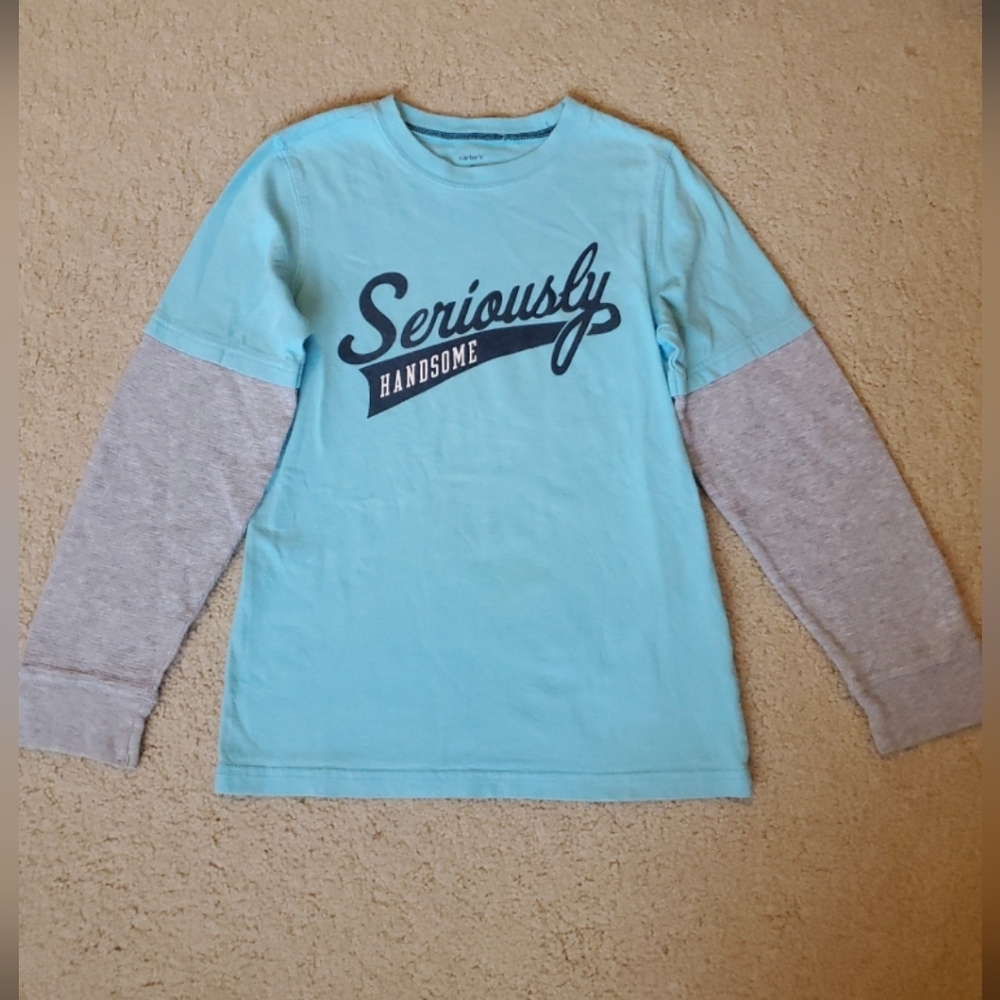 CARTER'S Seriously Handsome grey light teal blue tee t long sleeve shirt size 8.